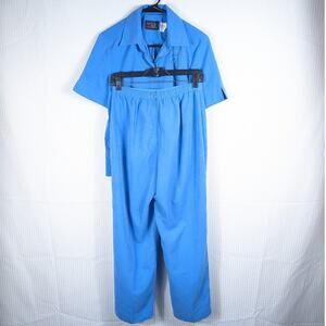 MHM Melissa Harper Petite 8P Blue Two Piece Set Shirt Pants Embellished Floral